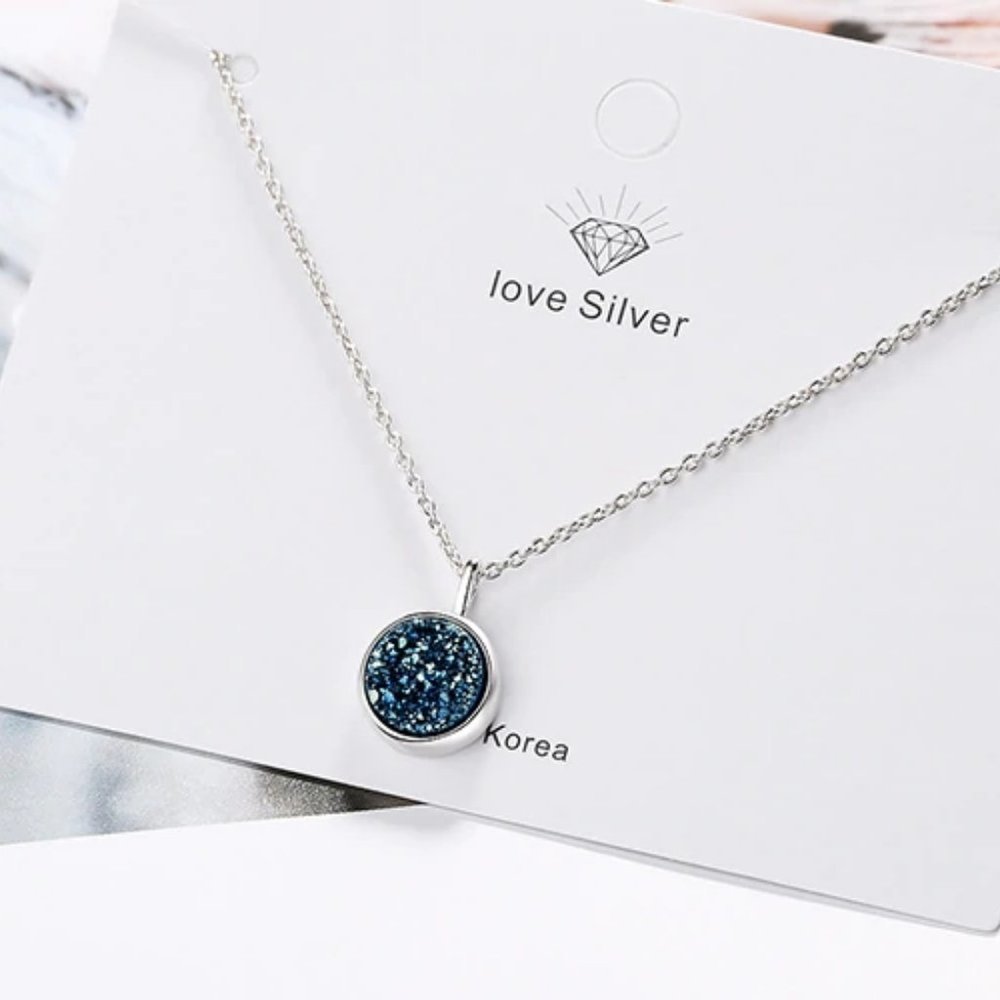NEW Sterling Silver Blue Druzy Crystal Necklace